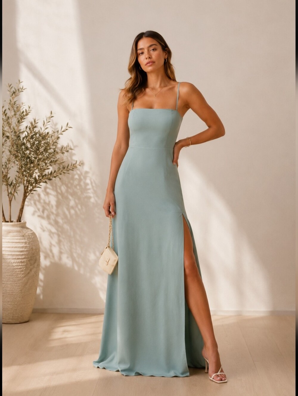 Reformation Ingrid Elegant Sage Green Spaghetti Strap Maxi Dress